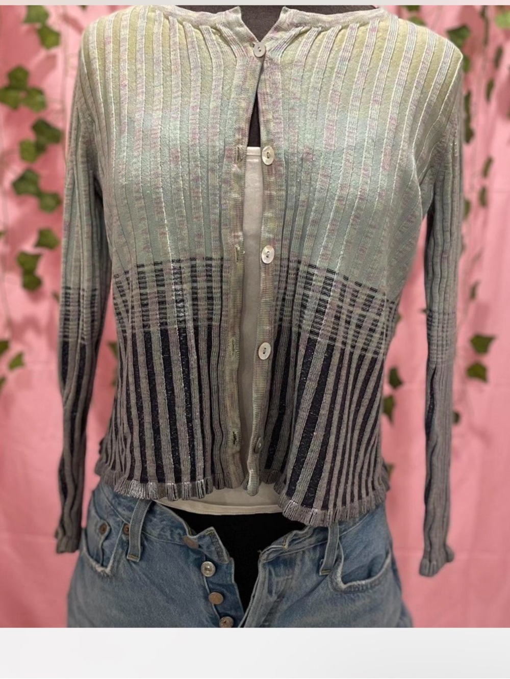 j.h. Collectibles Light Green and Navy Striped Button-Front Women’s Sweater